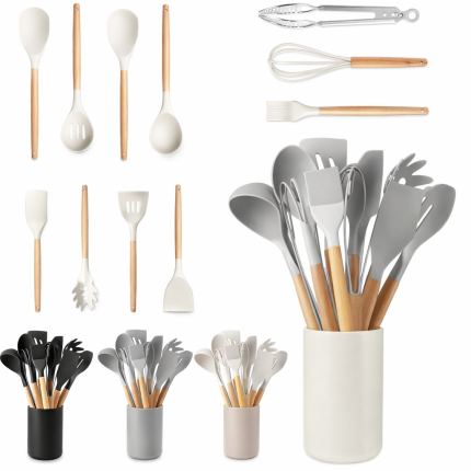 JGO. UTENSILIOS DE COCINA12PZ SILICON ANTIRAYA BEIGE